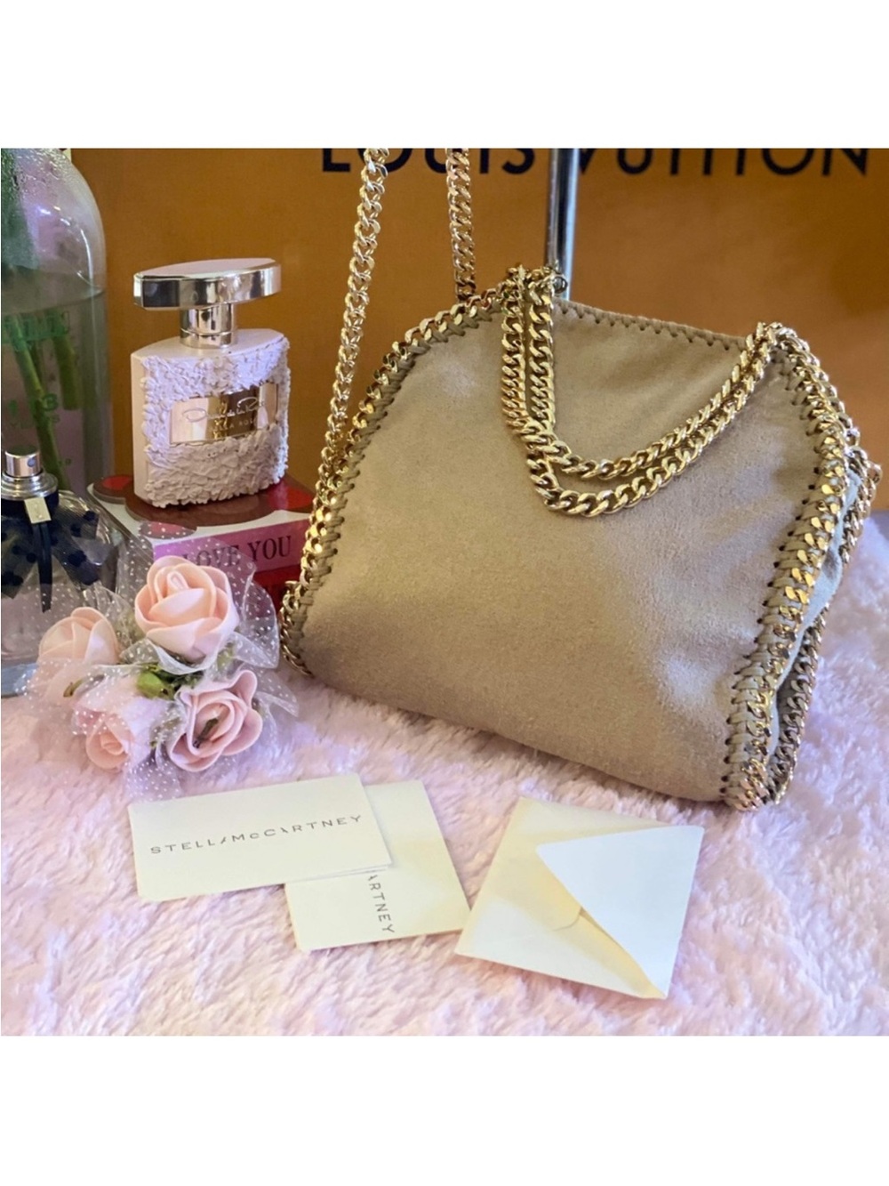 Suede Chain Shoulder Bag - Beige with Gold Chain